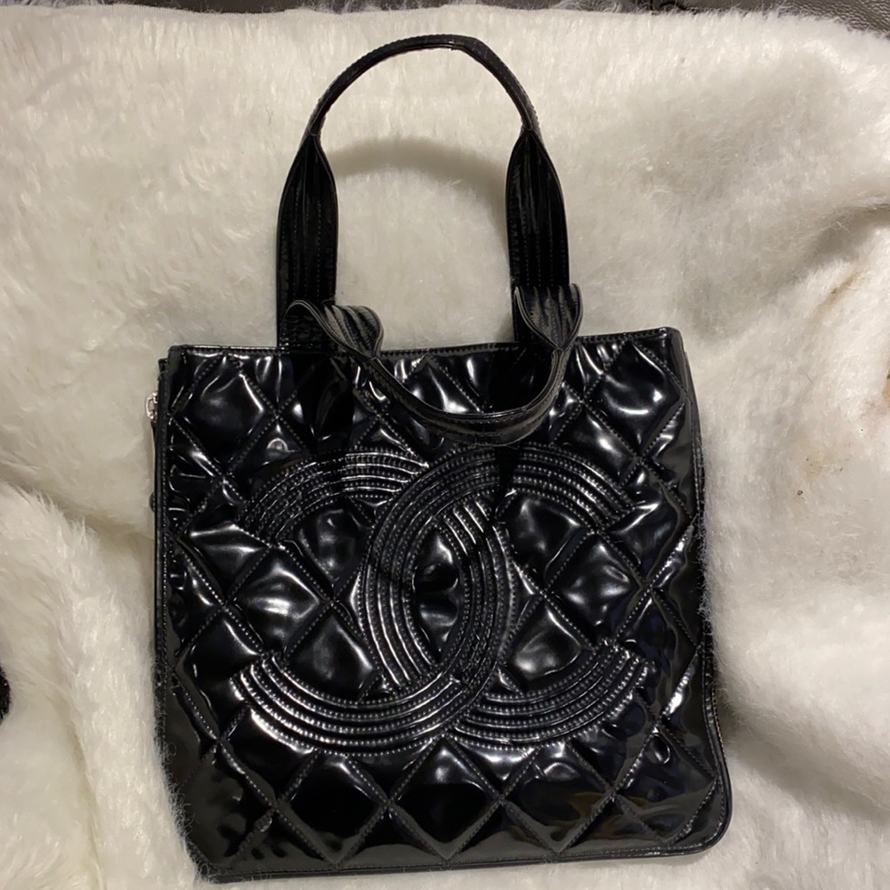 Authentic Vintage Chanel Black Patent Logo